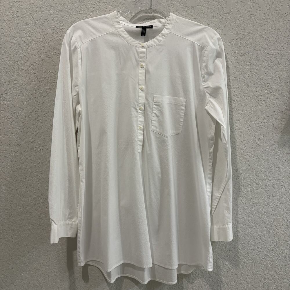 Eileen Fisher Organic Cotton Tunic Top Womens L White Long Sleeve Blouse